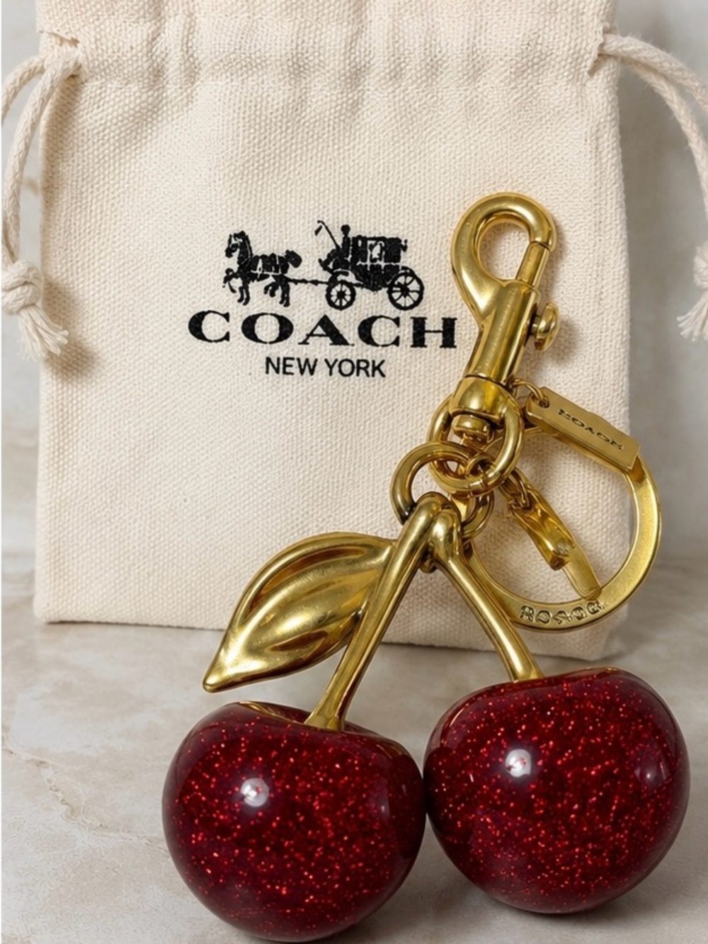 Coach Gold-Tone Keychain with Red Glitter Cherry Charms